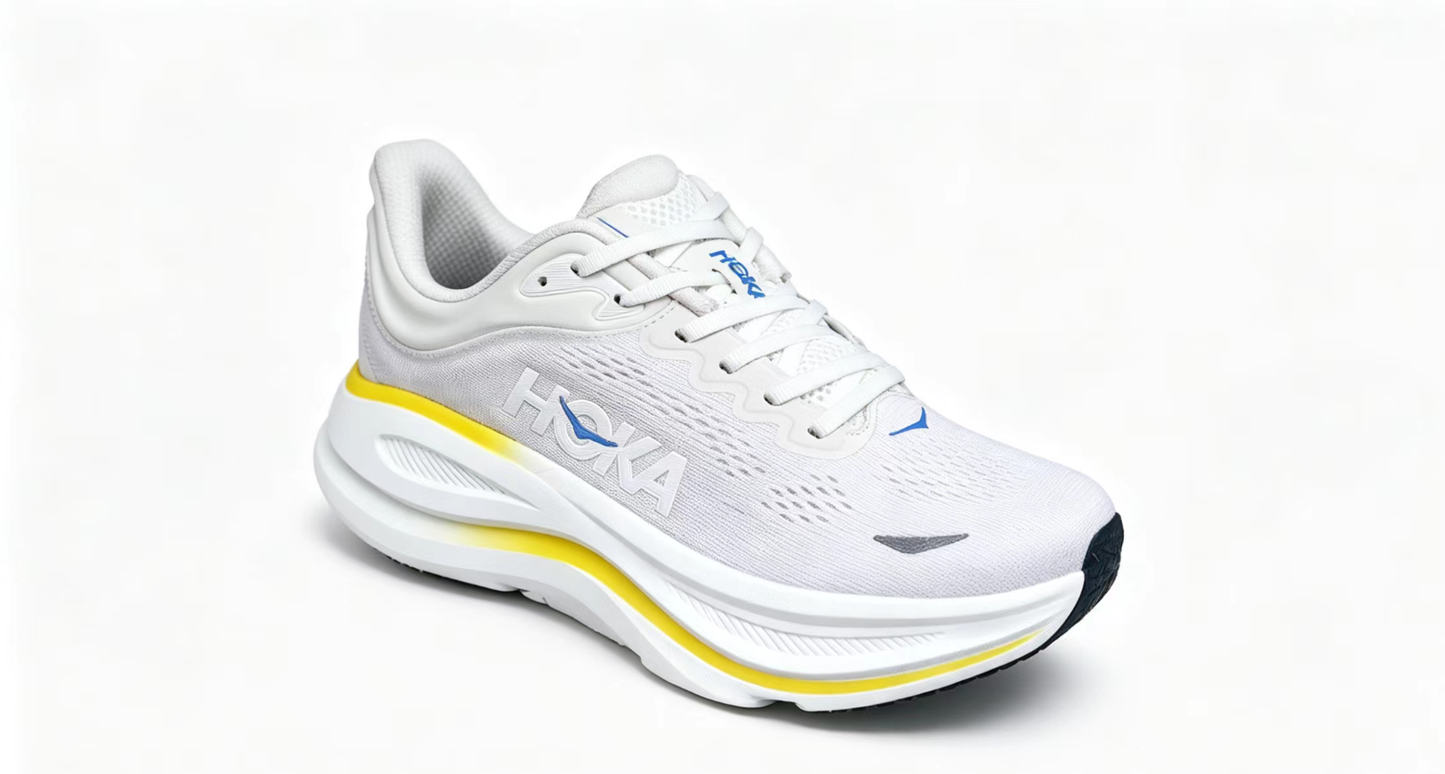 HOKA ONE ONE Bondi 9 – Cushioned Running Shoe in White & Yellow