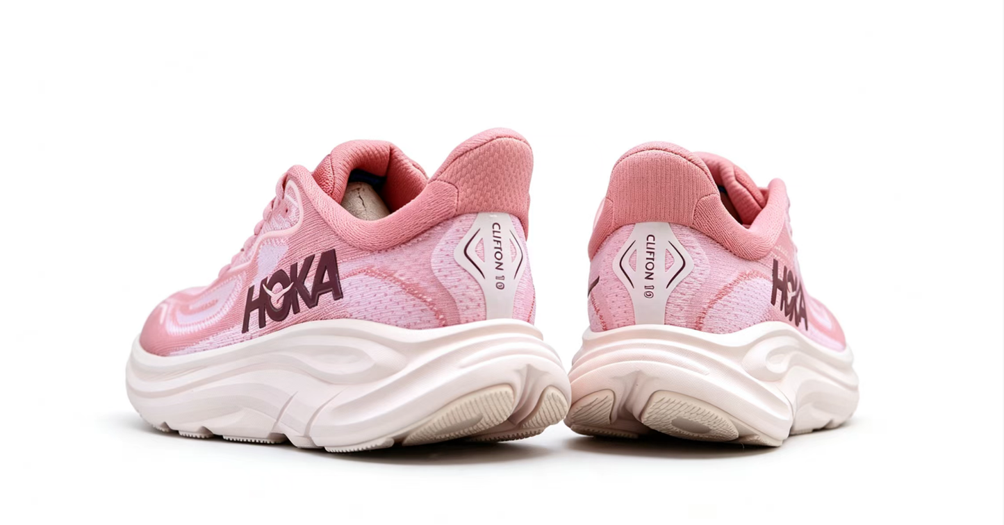 HOKA ONE ONE Clifton 10 – Pink with Burgundy Logo Running Shoes
