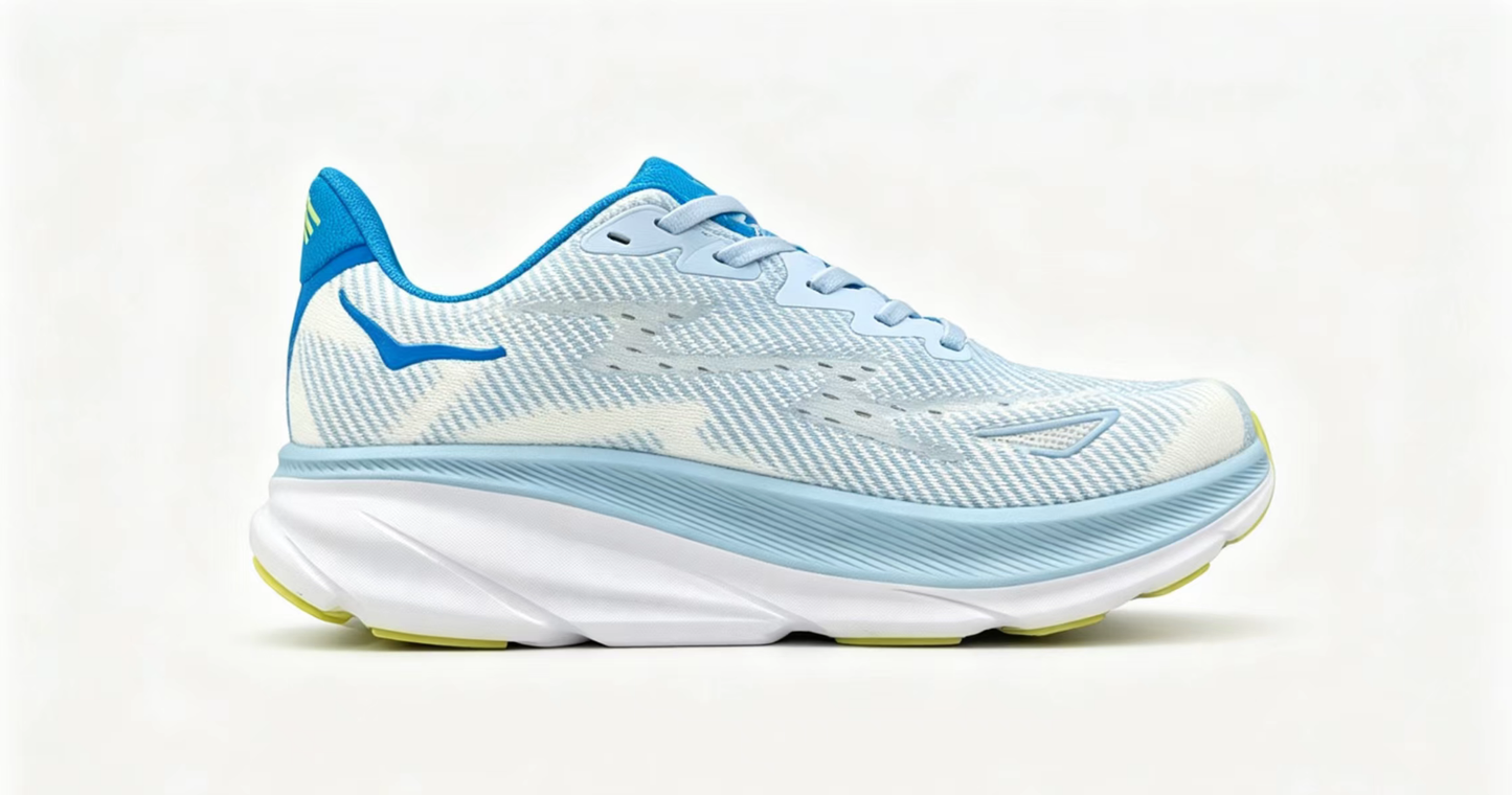 HOKA ONE ONE Clifton 9 – Light Blue & Neon Yellow Running Shoes