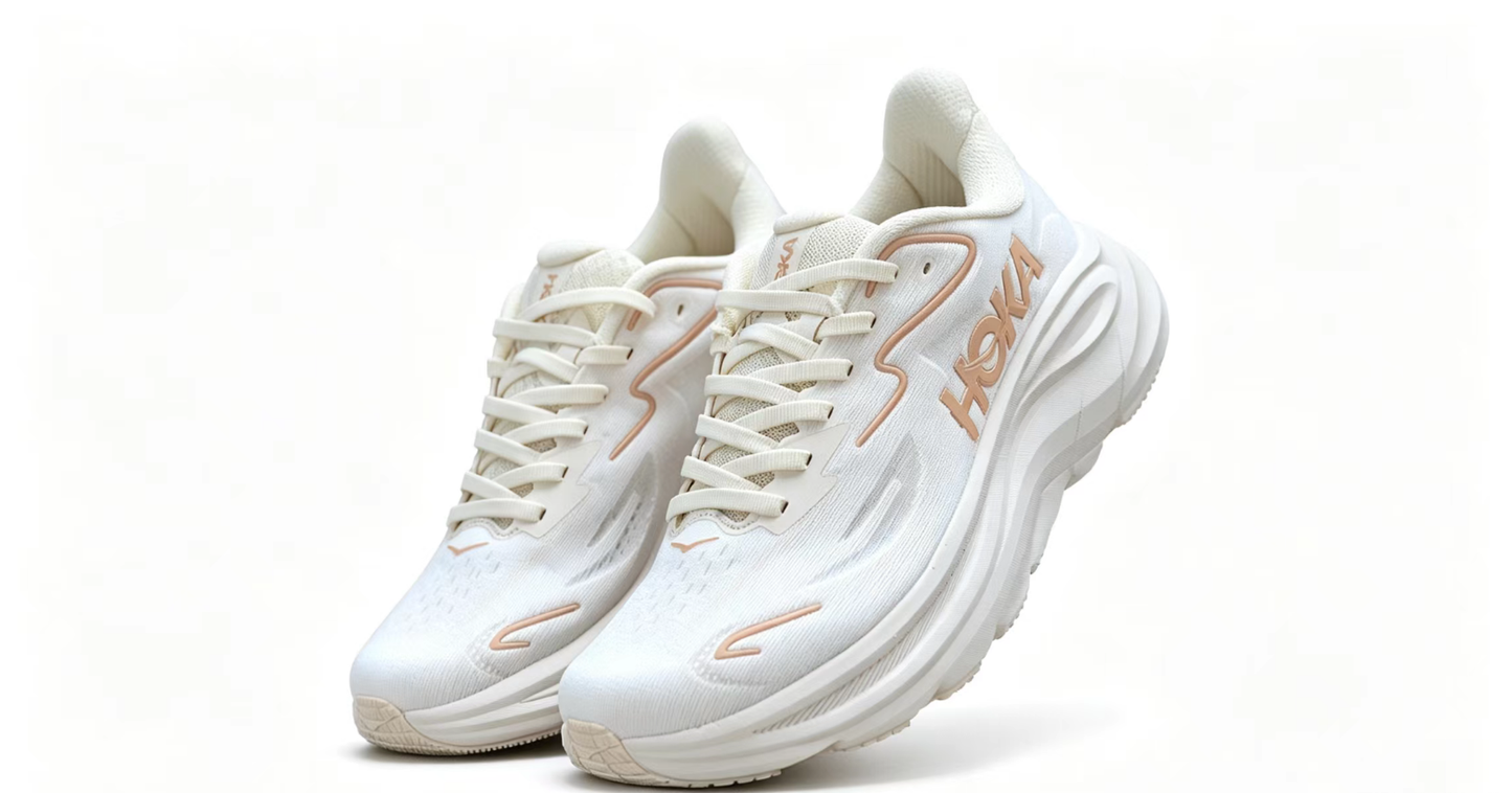 HOKA ONE ONE Clifton 10 – Lightweight White & Peach Runner