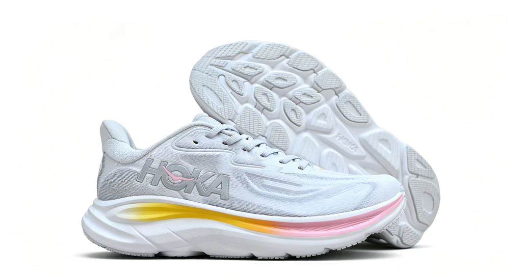 HOKA ONE ONE Clifton 10 – Light Grey Running Shoes with Pink & Orange Gradient Midsole