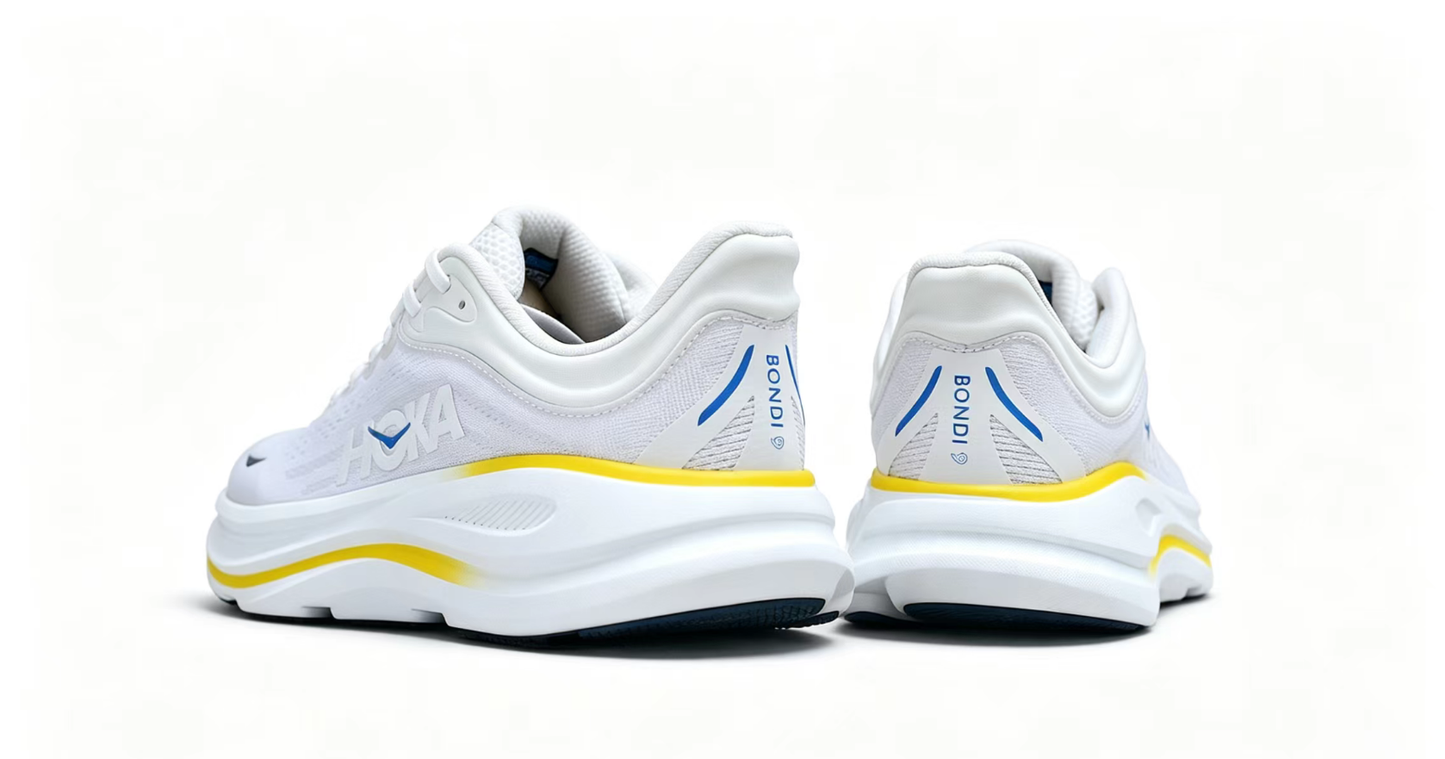 HOKA ONE ONE Bondi 9 – Cushioned Running Shoe in White & Yellow