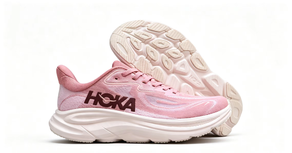 HOKA ONE ONE Clifton 10 – Pink with Burgundy Logo Running Shoes