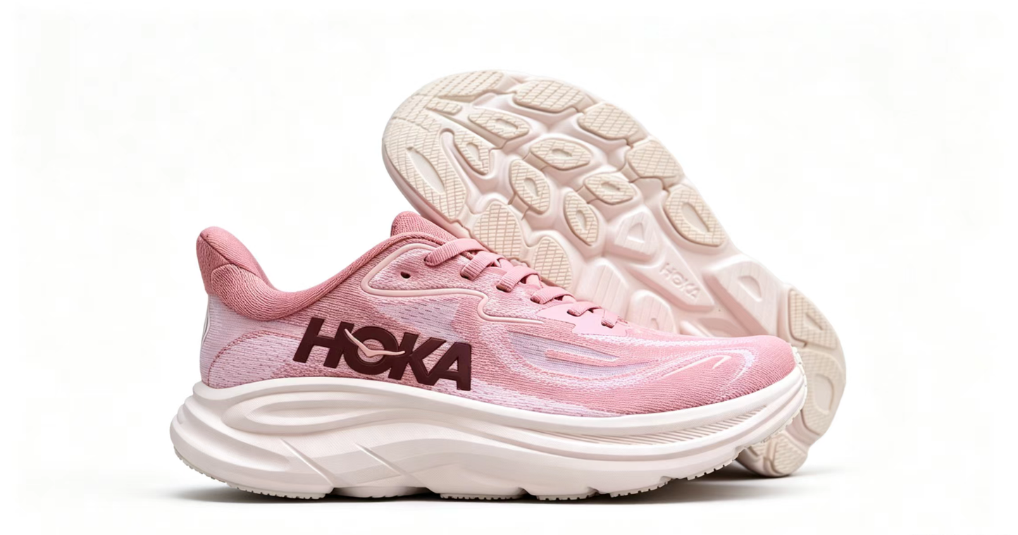 HOKA ONE ONE Clifton 10 – Pink with Burgundy Logo Running Shoes