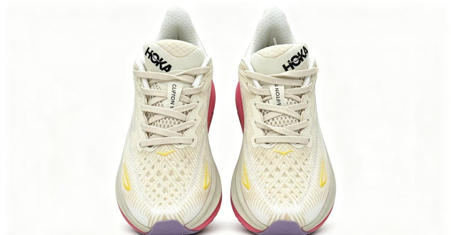 HOKA ONE ONE Clifton 9 White Yellow Pink Premium Running Shoes