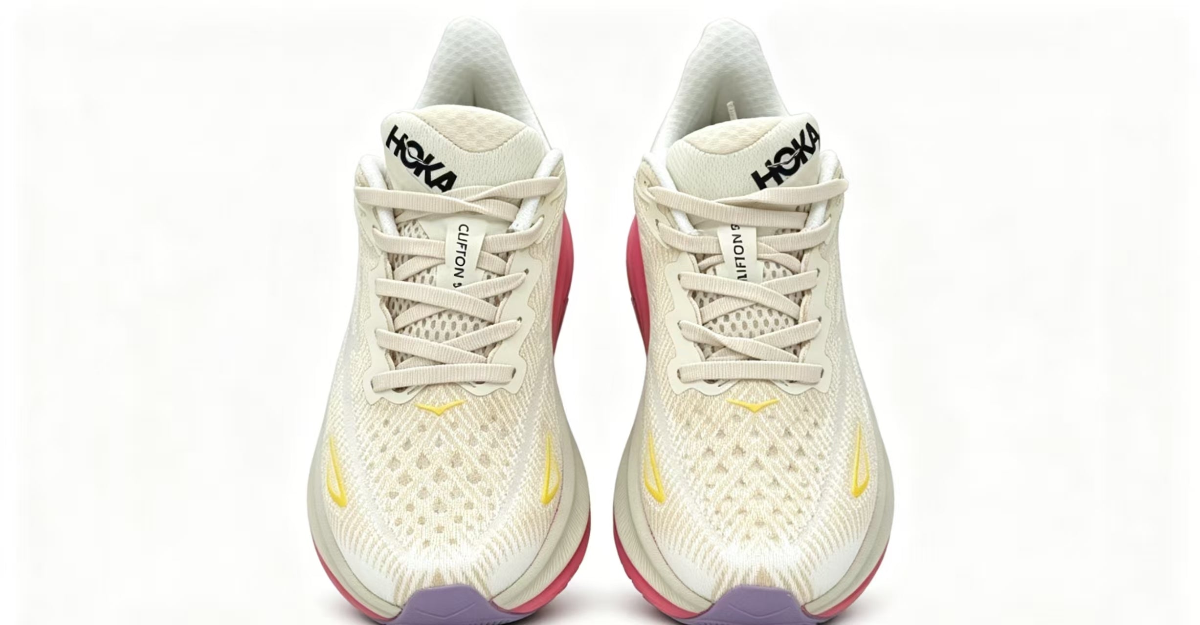 HOKA ONE ONE Clifton 9 White Yellow Pink Premium Running Shoes