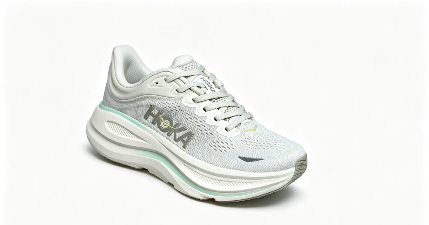 HOKA ONE ONE Bondi 9 – Cushioned Running Shoe in Light Grey & Mint