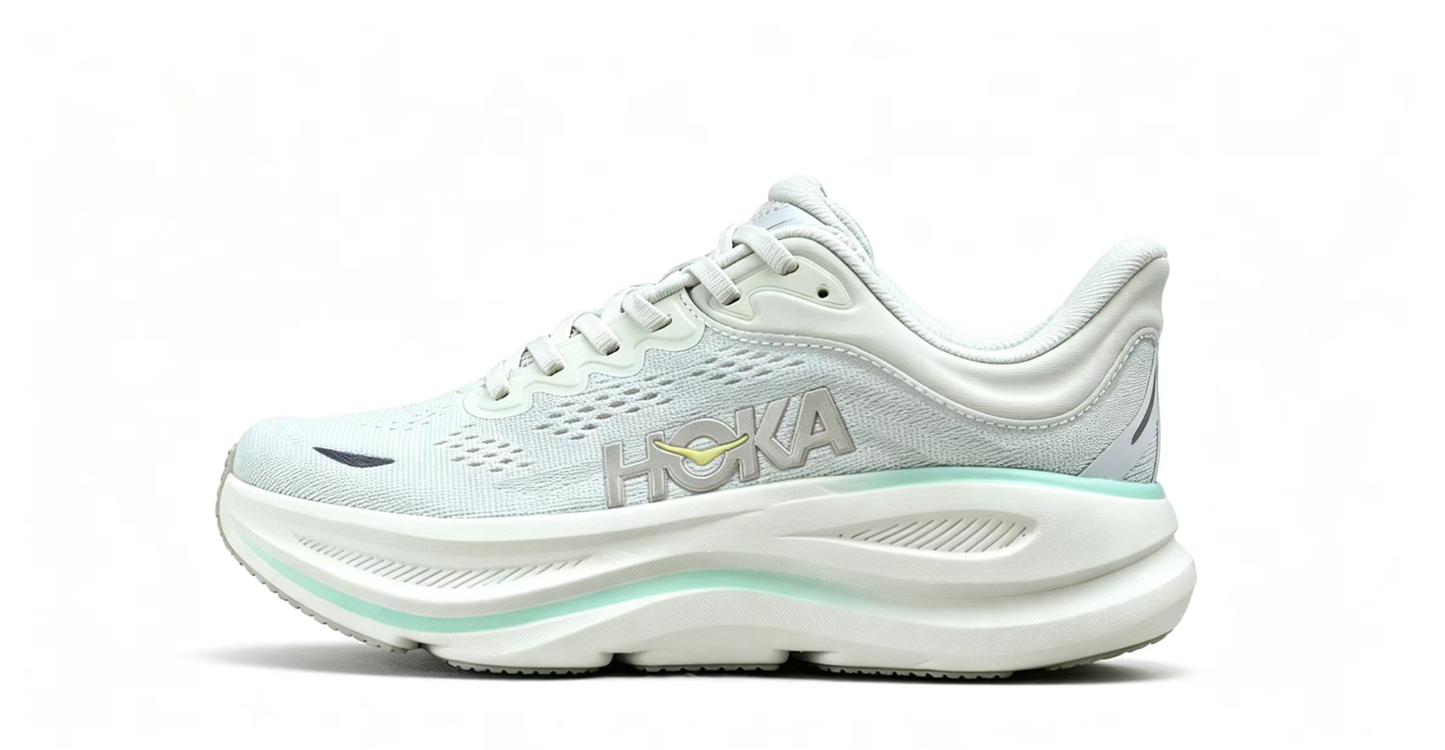 HOKA ONE ONE Bondi 9 – Cushioned Running Shoe in Light Grey & Mint