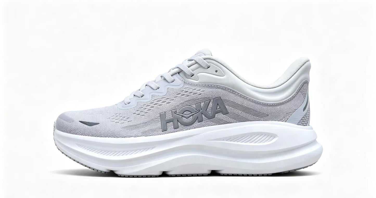 HOKA ONE ONE Bondi 9 – White Grey Cushioned Running Shoes