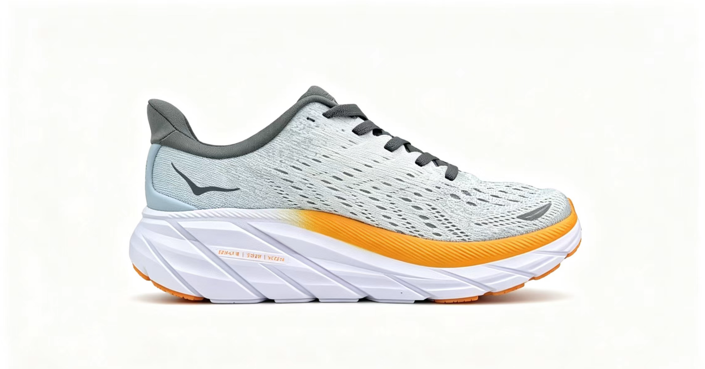HOKA ONE ONE Clifton 8 – Light Grey / Orange Running Shoes