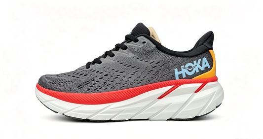 HOKA ONE ONE Clifton 8 – Grey/Red/Yellow Lightweight Running Shoes