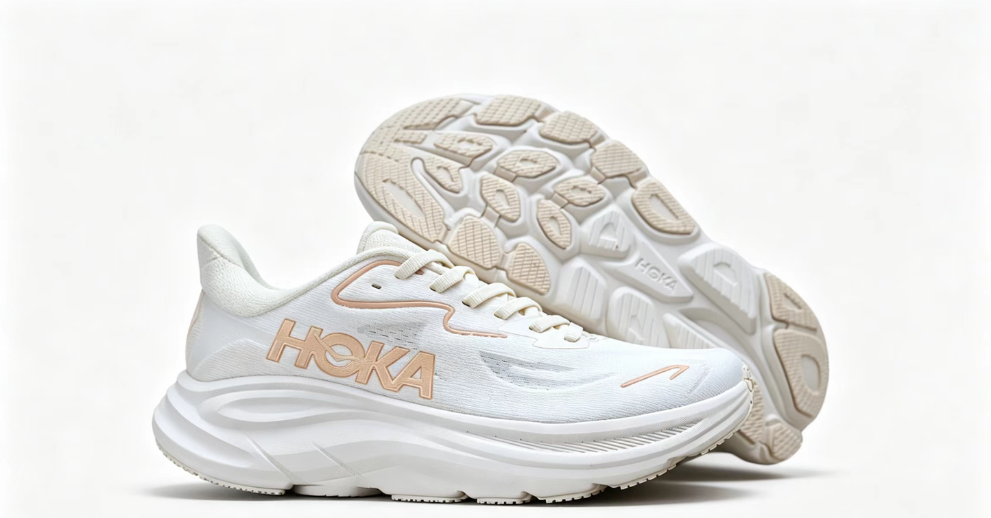 HOKA ONE ONE Clifton 10 – Lightweight White & Peach Runner