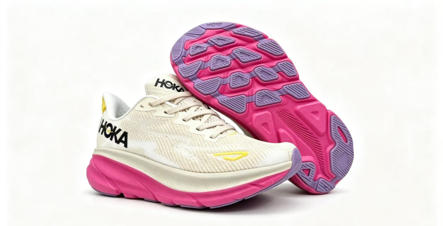 HOKA ONE ONE Clifton 9 White Yellow Pink Premium Running Shoes