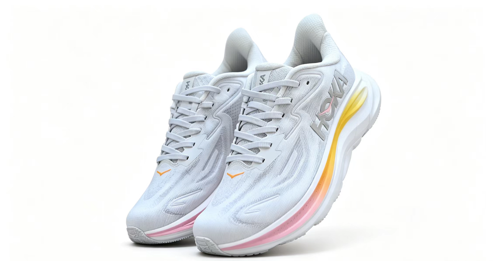 HOKA ONE ONE Clifton 10 – Light Grey Running Shoes with Pink & Orange Gradient Midsole