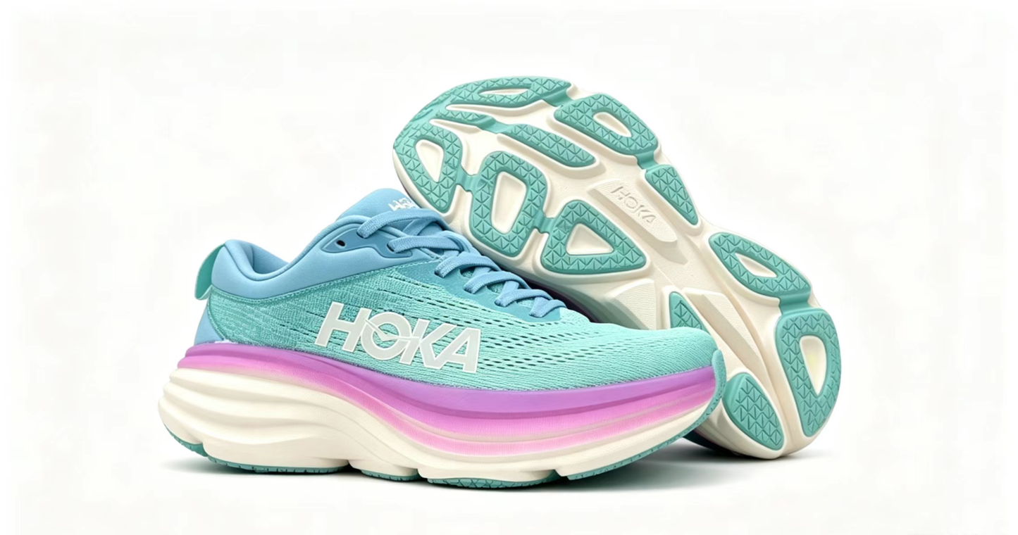 HOKA ONE ONE Bondi8 Running Shoes — Mint Blue and Purple Gradient Colorway