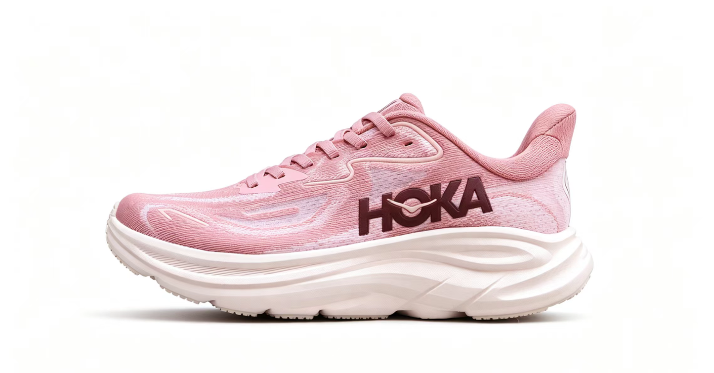 HOKA ONE ONE Clifton 10 – Pink with Burgundy Logo Running Shoes