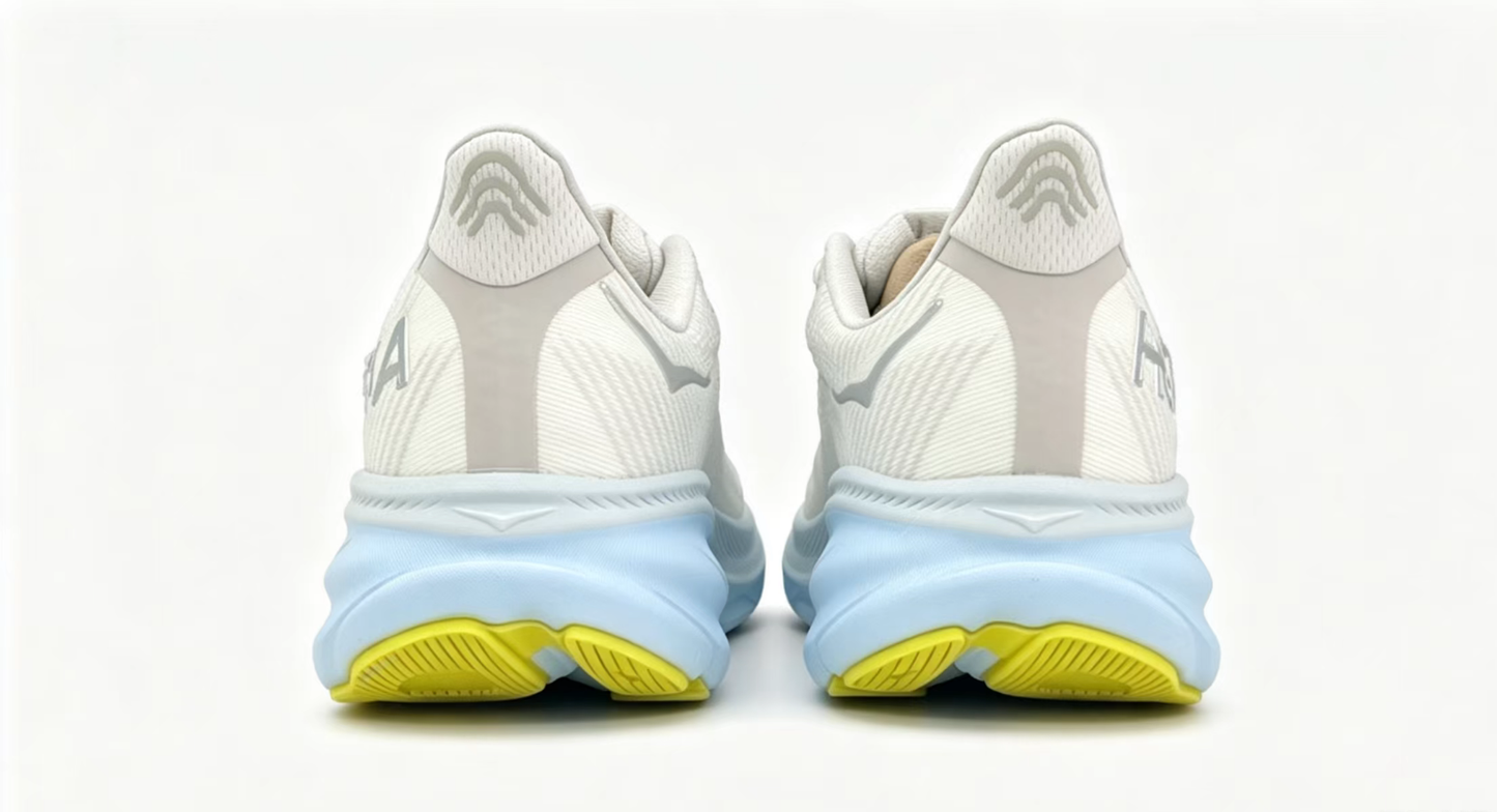 HOKA ONE ONE Clifton 9 – White/Light Blue/Yellow | Lightweight Cushioned Running Shoes