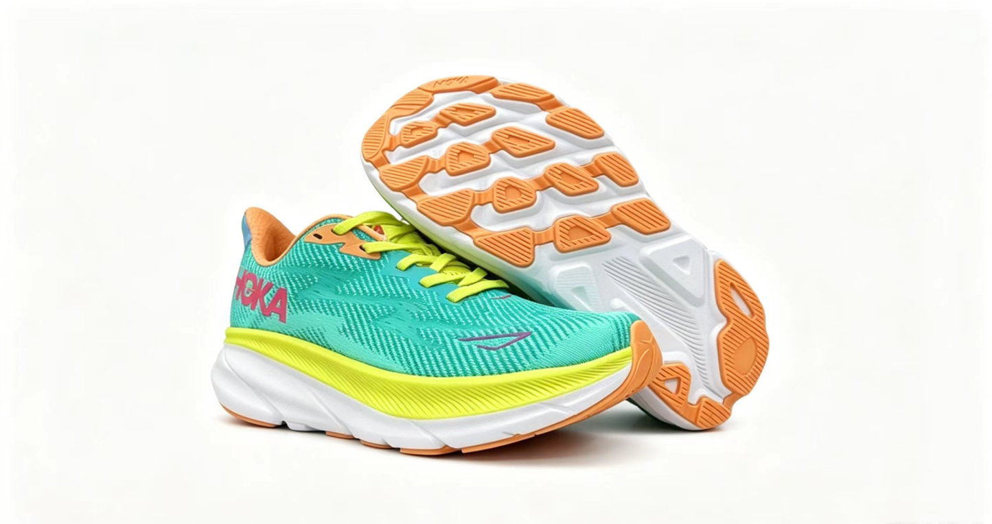 HOKA ONE ONE Clifton 9 – Aqua & Neon Yellow Running Shoes