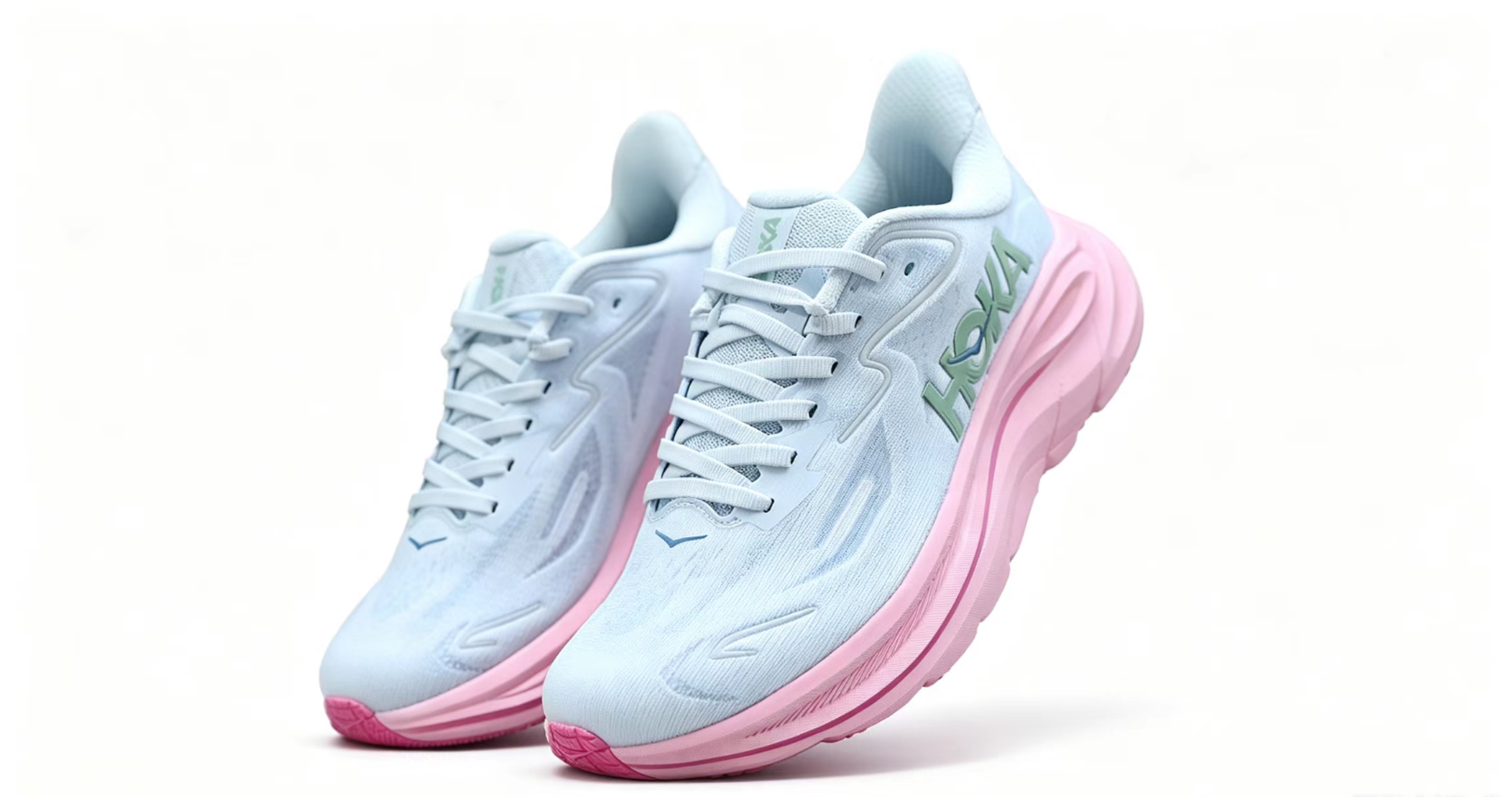 HOKA ONE ONE Clifton 10 – Light Blue with Pink Sole & Green Logo Running Shoes