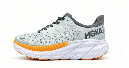 HOKA ONE ONE Clifton 8 – Light Grey / Orange Running Shoes