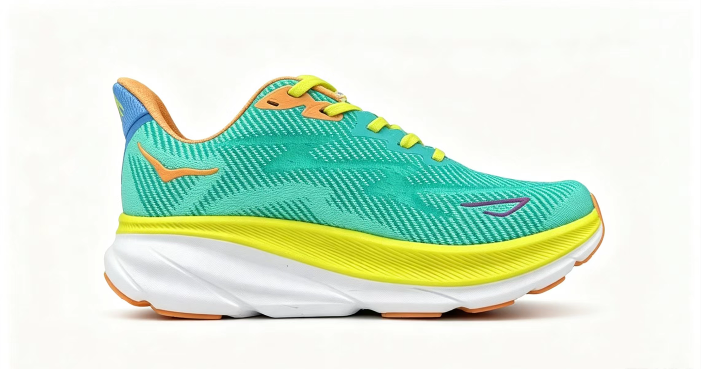 HOKA ONE ONE Clifton 9 – Aqua & Neon Yellow Running Shoes
