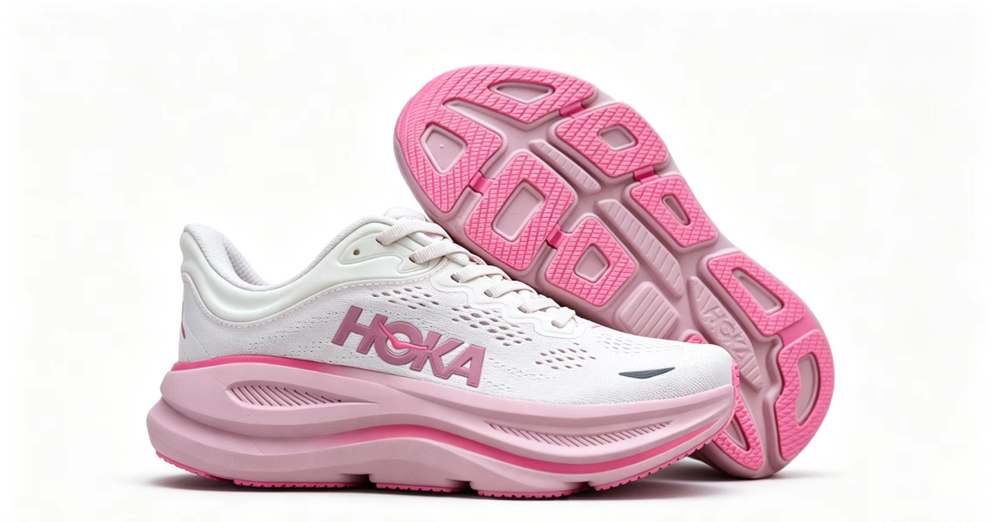 HOKA ONE ONE Bondi 9 – Cushioned Running Shoe in Pink & White