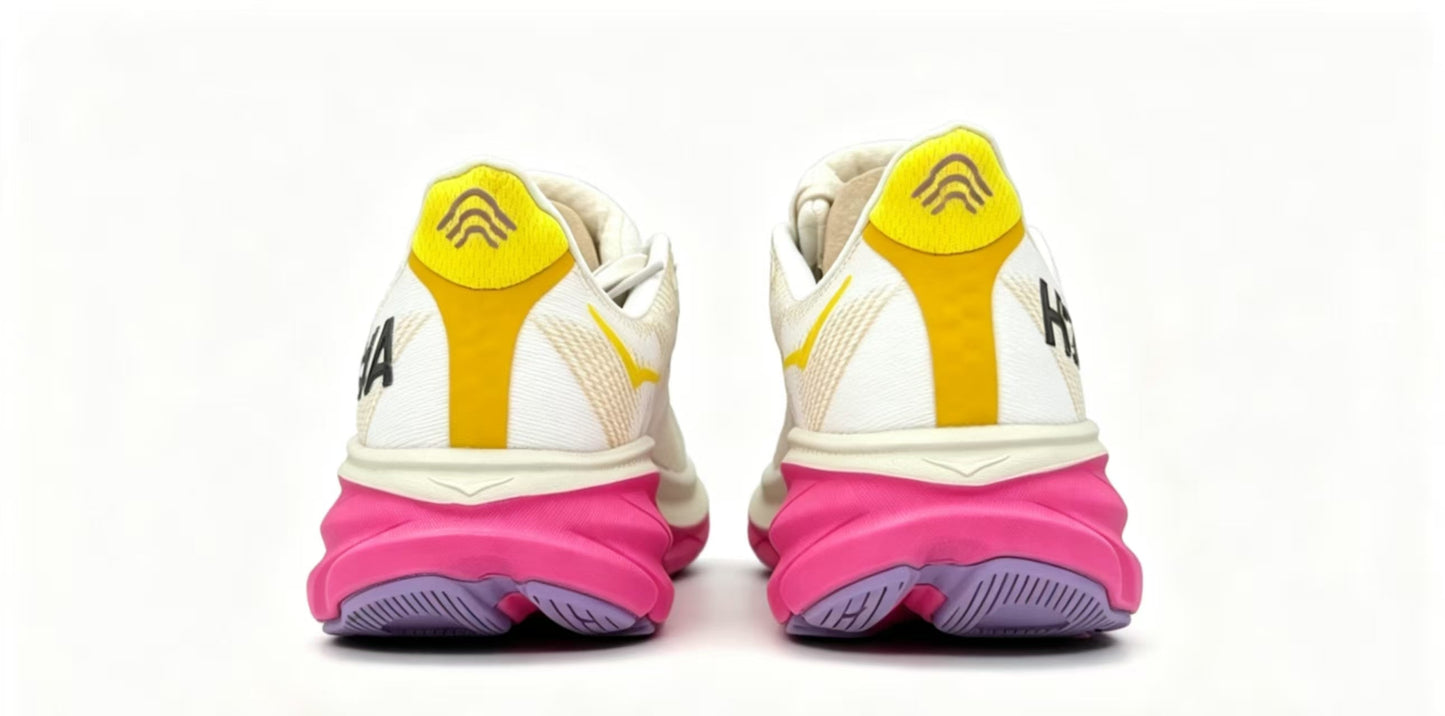 HOKA ONE ONE Clifton 9 White Yellow Pink Premium Running Shoes