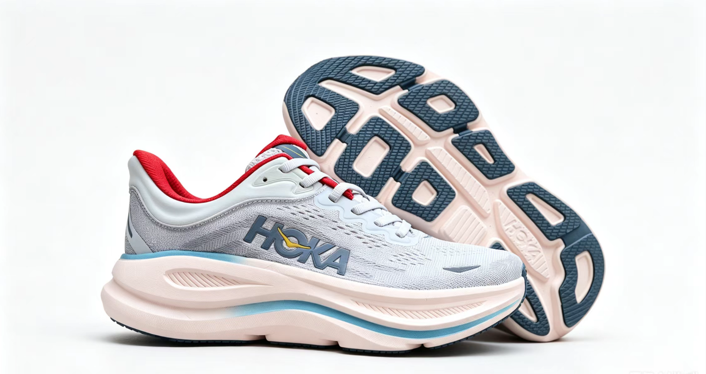 HOKA ONE ONE Bondi 9 – Cushioned Running Shoe in Grey & Red