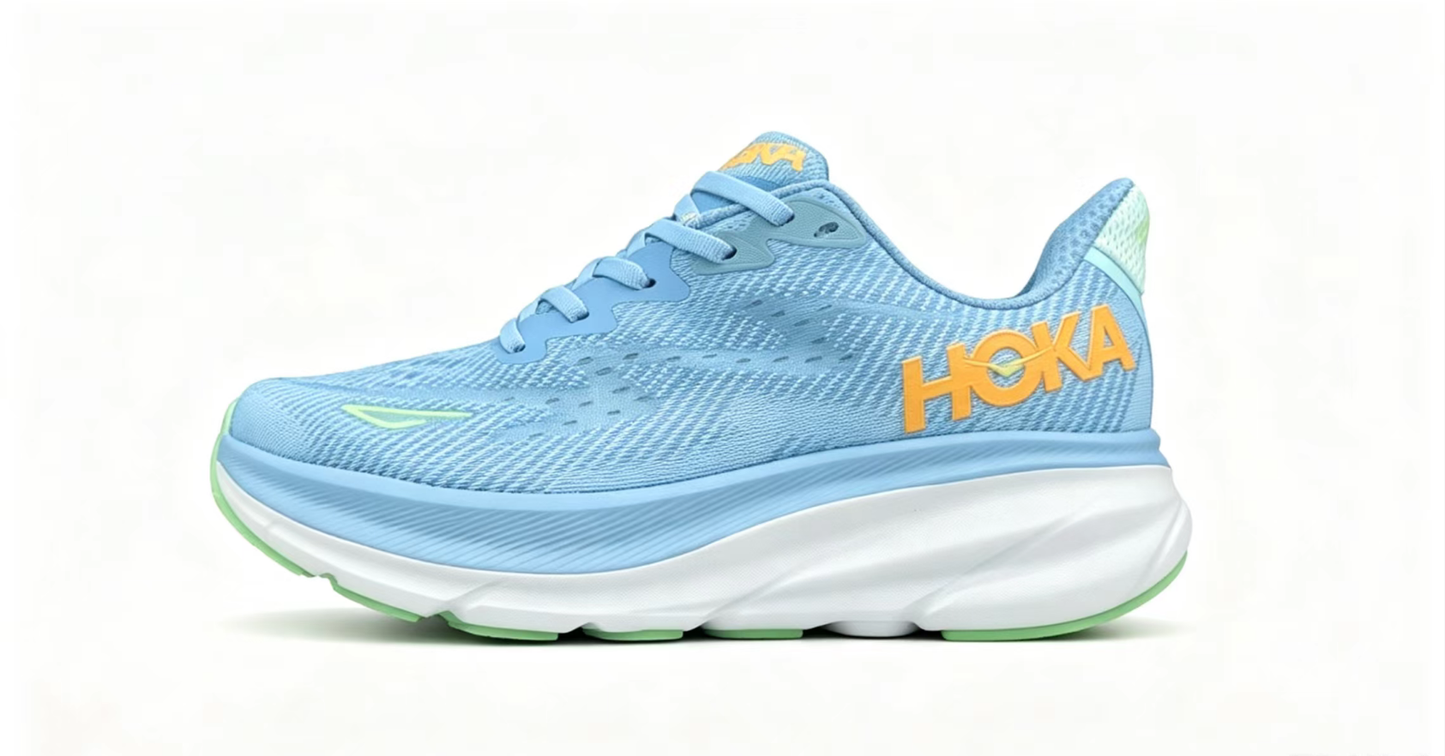 HOKA ONE ONE Clifton 9 – Sky Blue & Neon Green Running Shoes