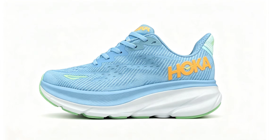 HOKA ONE ONE Clifton 9 – Sky Blue & Neon Green Running Shoes