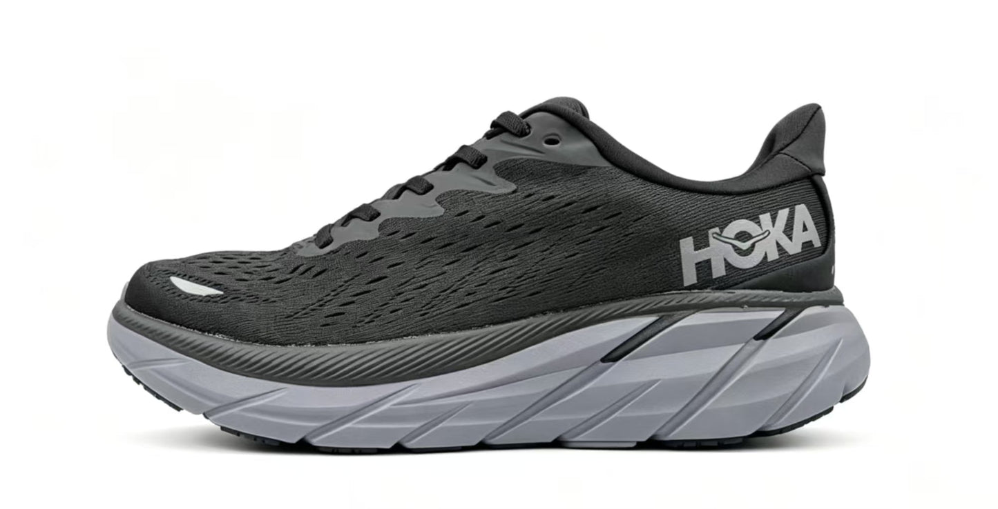 HOKA ONE ONE Clifton 8 – Black & Grey Running Shoes