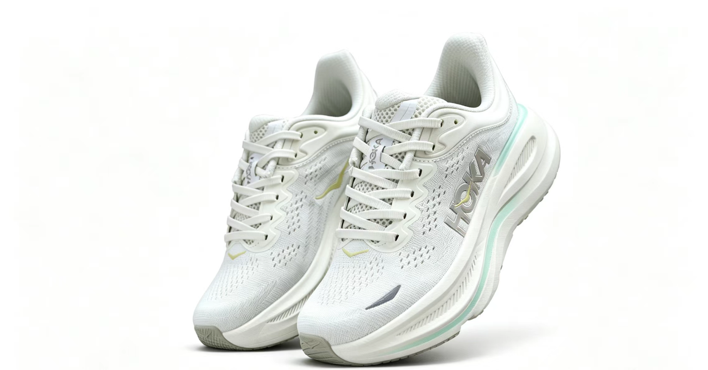 HOKA ONE ONE Bondi 9 – Cushioned Running Shoe in Light Grey & Mint