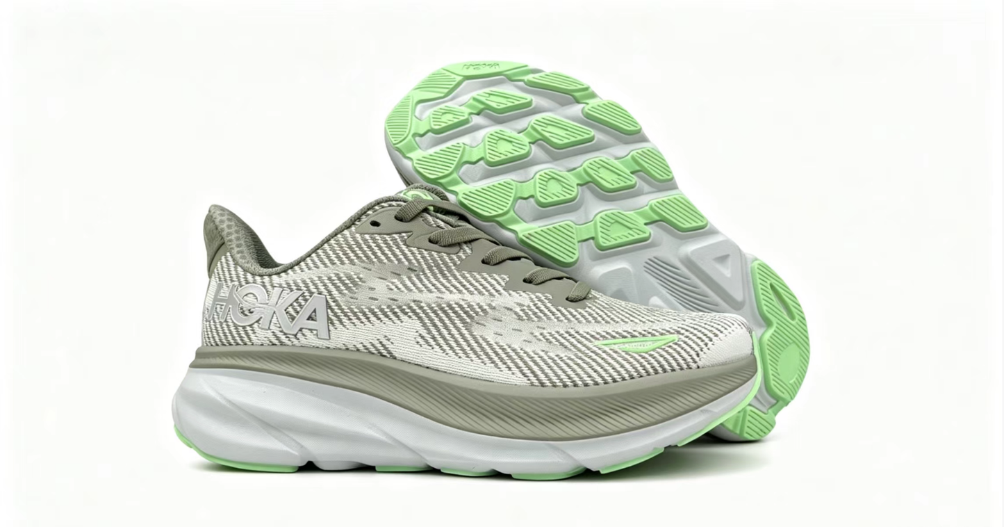 HOKA ONE ONE Clifton 9 – Gray/Light Gray/Neon Green | Lightweight Cushioned Running Shoes