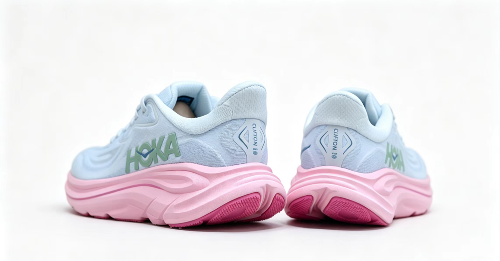 HOKA ONE ONE Clifton 10 – Light Blue with Pink Sole & Green Logo Running Shoes