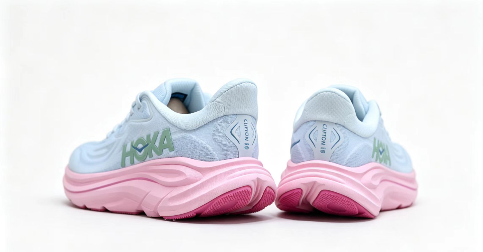 HOKA ONE ONE Clifton 10 – Light Blue with Pink Sole & Green Logo Running Shoes