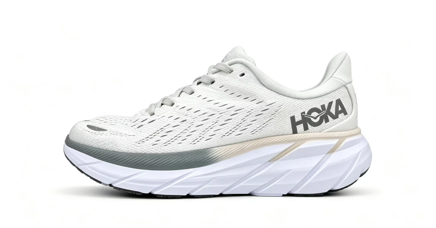 HOKA ONE ONE Clifton 8 – White / Grey Running Shoes