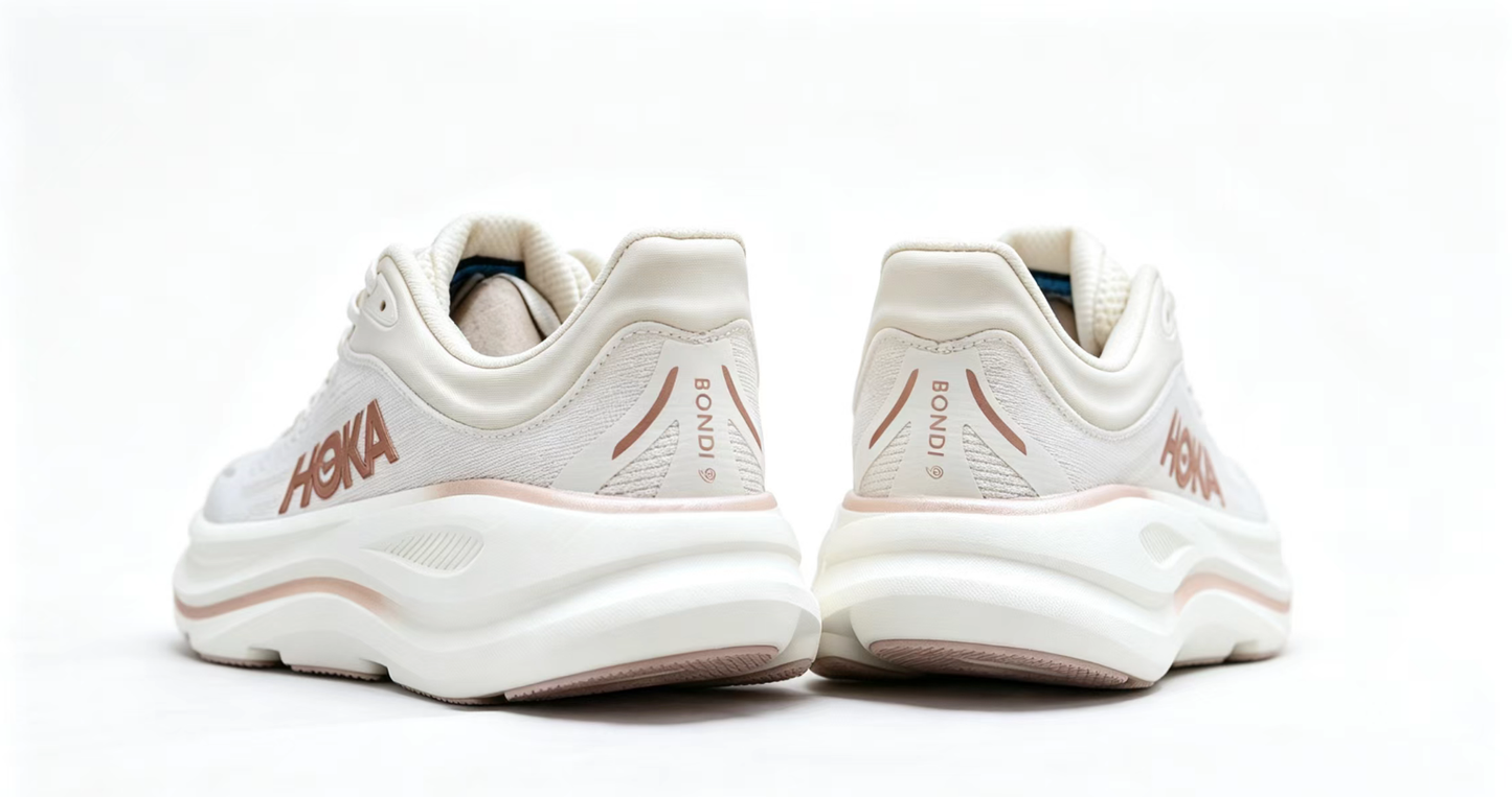 HOKA ONE ONE Bondi 9 – White Rose Gold Cushioned Running Shoes