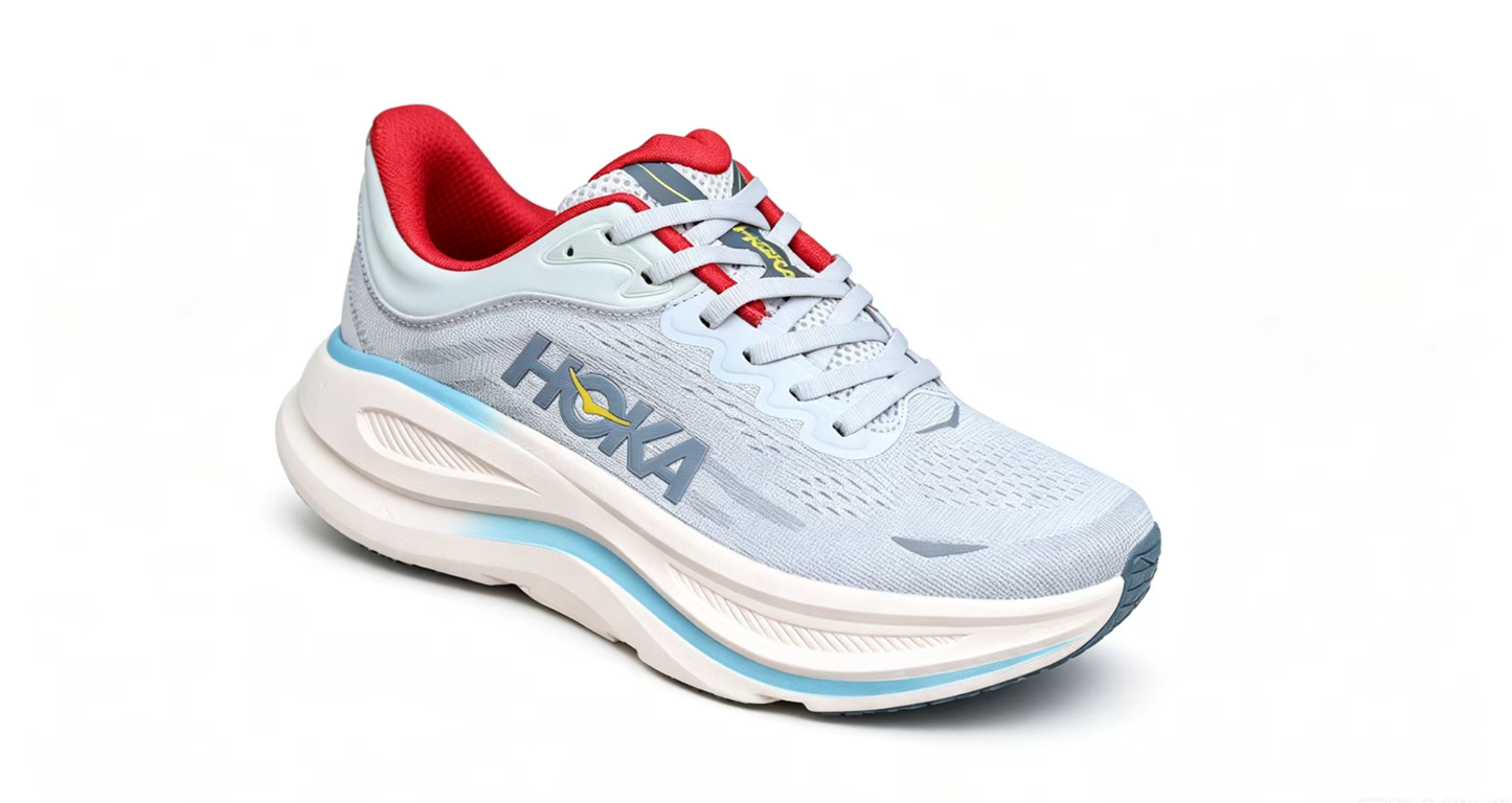 HOKA ONE ONE Bondi 9 – Cushioned Running Shoe in Grey & Red