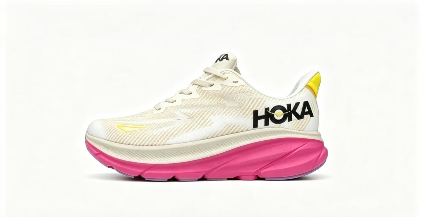 HOKA ONE ONE Clifton 9 White Yellow Pink Premium Running Shoes