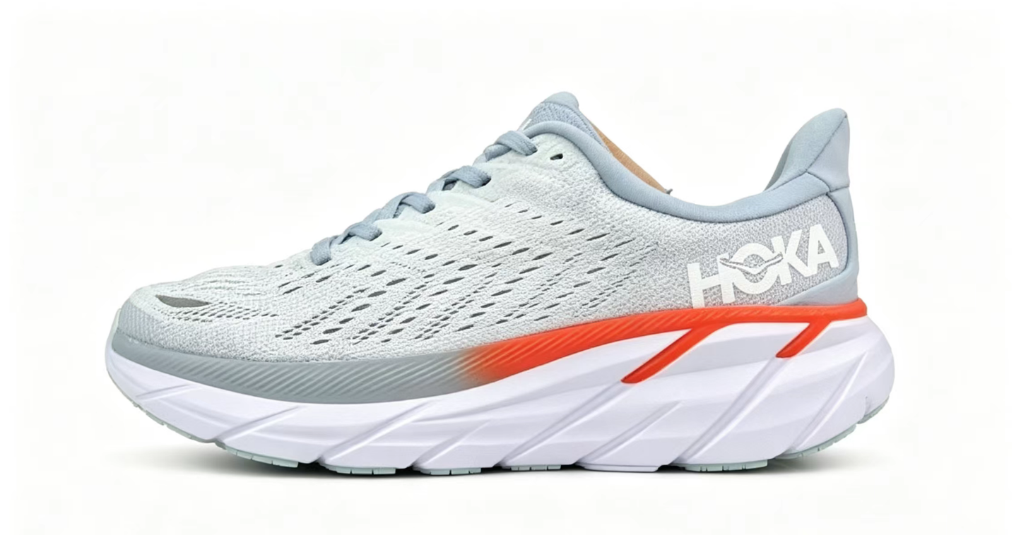 HOKA ONE ONE Clifton 8 – Light Gray & Orange Running Shoes