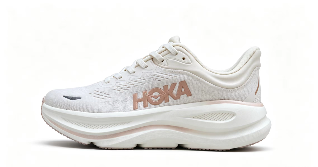 HOKA ONE ONE Bondi 9 – White Rose Gold Cushioned Running Shoes