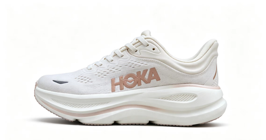 HOKA ONE ONE Bondi 9 – White Rose Gold Cushioned Running Shoes