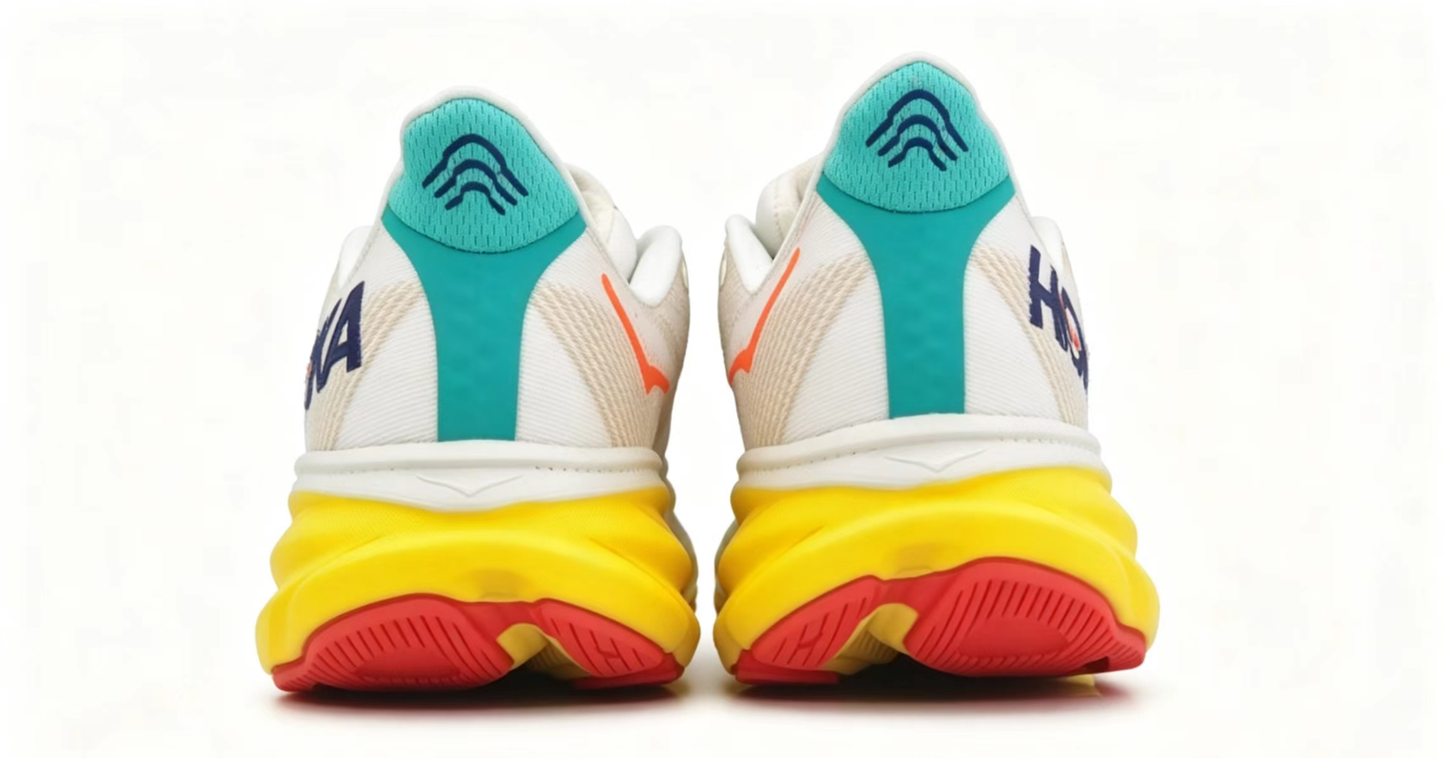 HOKA ONE ONE Clifton 9 – White/Yellow/Teal | Lightweight Cushioned Running Shoes