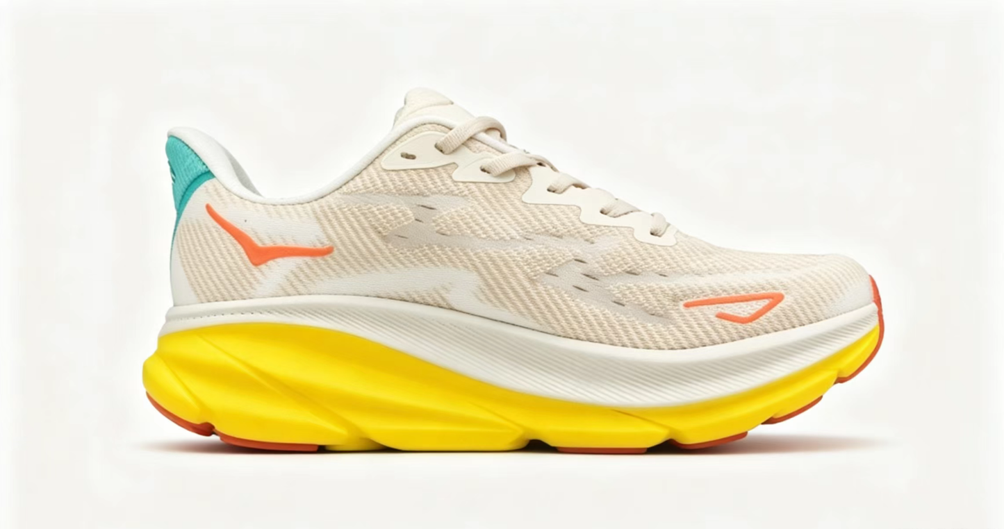 HOKA ONE ONE Clifton 9 – White/Yellow/Teal | Lightweight Cushioned Running Shoes