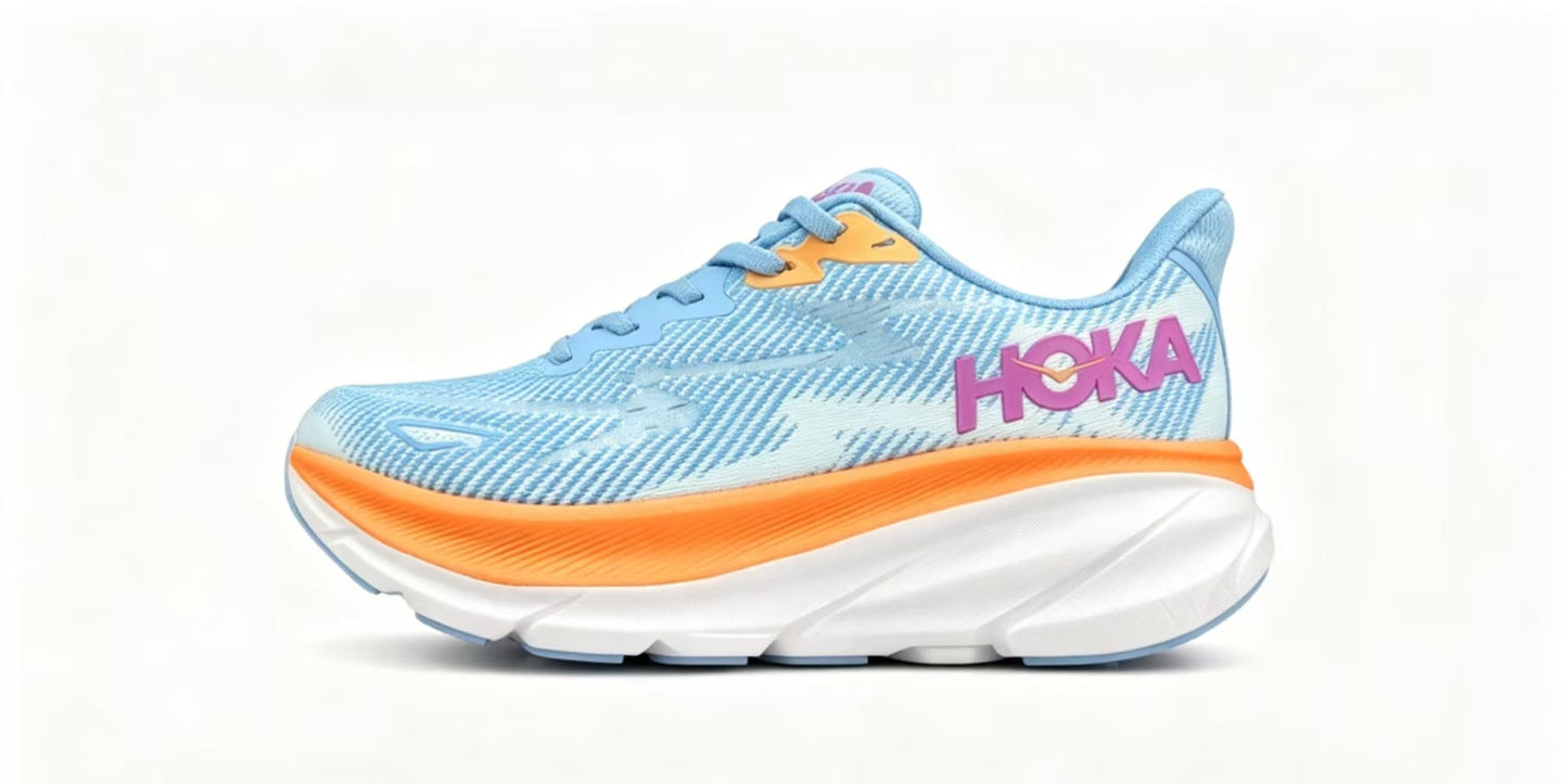 HOKA ONE ONE Clifton 9 – Light Blue / Orange | Lightweight Cushion Running Shoes
