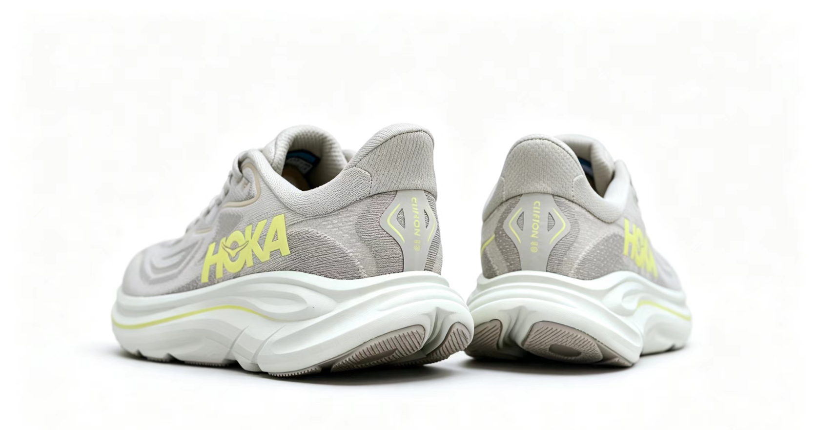 HOKA ONE ONE Clifton 10 – Light Grey & Lemon Lightweight Running Sneaker