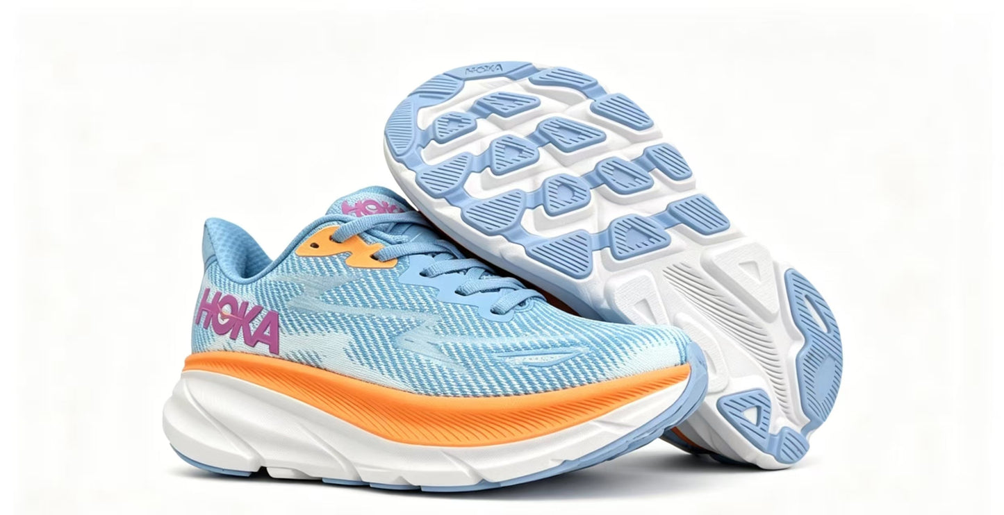 HOKA ONE ONE Clifton 9 – Light Blue / Orange | Lightweight Cushion Running Shoes