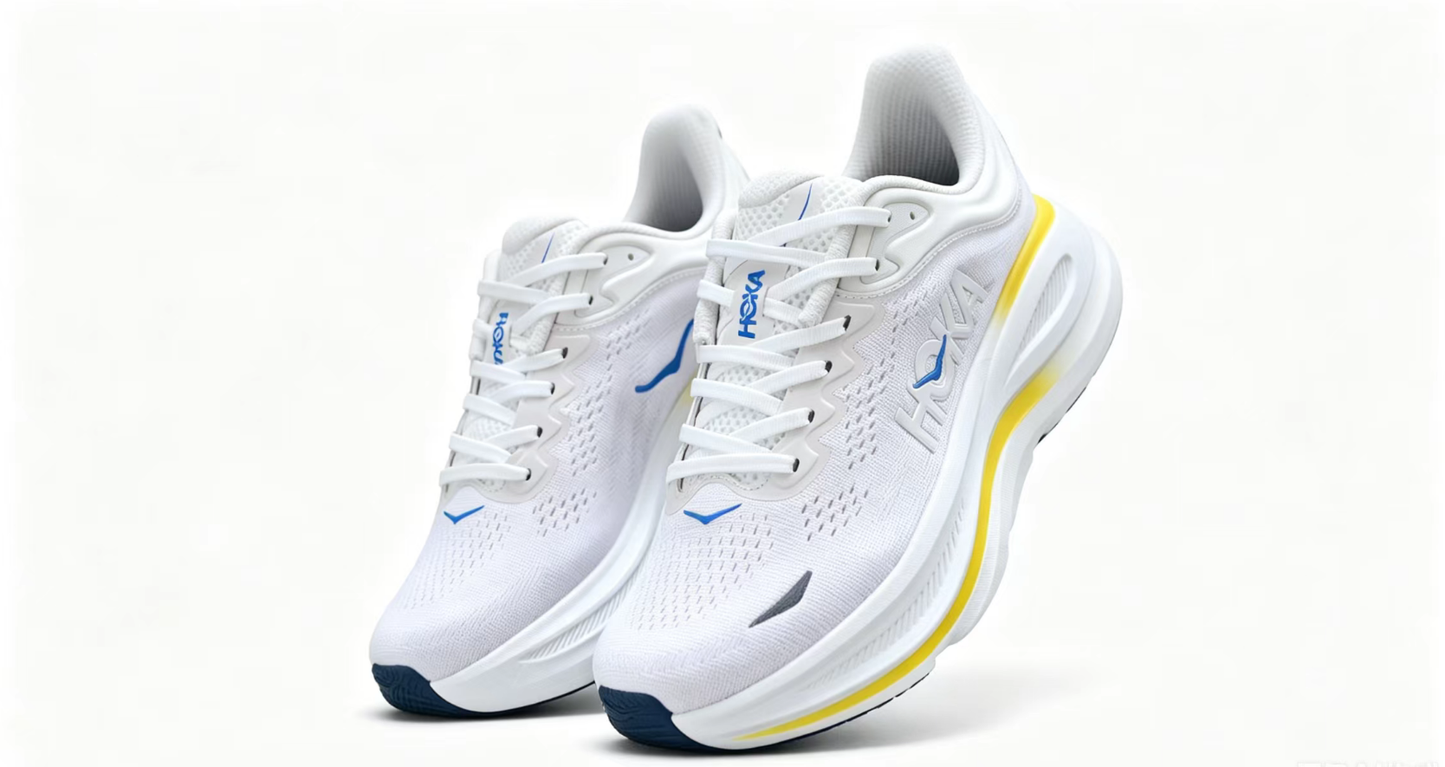 HOKA ONE ONE Bondi 9 – Cushioned Running Shoe in White & Yellow