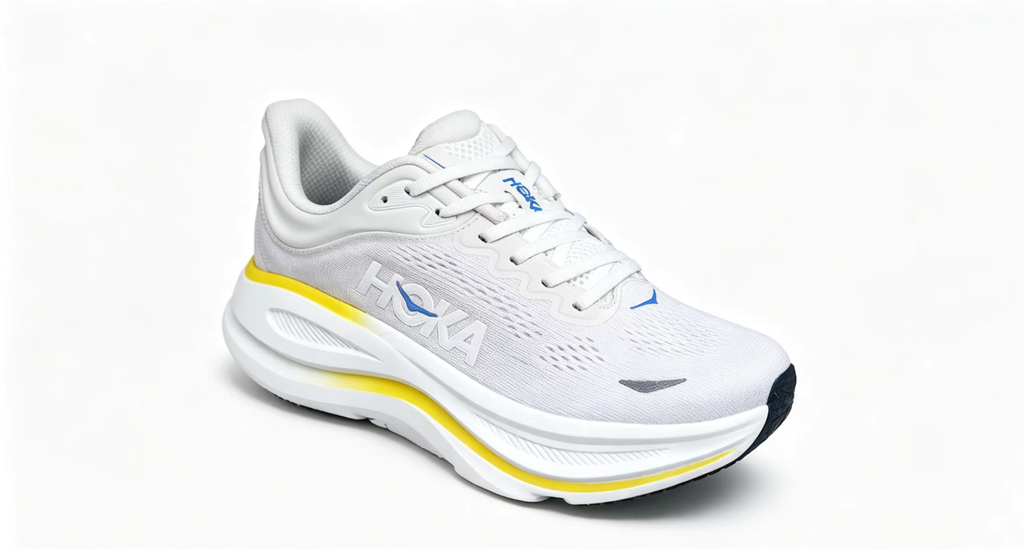 HOKA ONE ONE Bondi 9 – Cushioned Running Shoe in White & Yellow