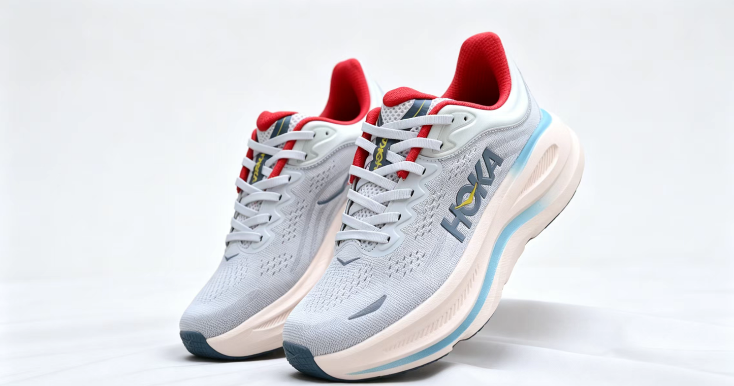 HOKA ONE ONE Bondi 9 – Cushioned Running Shoe in Grey & Red